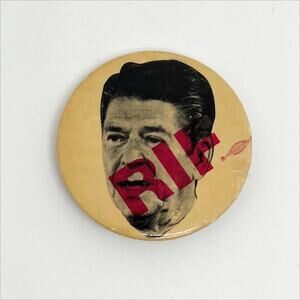 Vintage Political Button Anti Ronald Reagan RIF Reduction In Force Overstamp